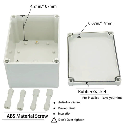 Heavy Duty IP67 Waterproof Junction Box showing ABS material screws and rubber gasket, dimensions 4.21in and 0.67in.