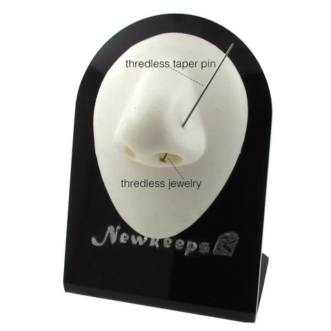 Display of two pack titanium implant grade insertion tapers for threadless labret bar, showing threading technique on mannequin.