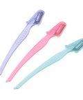 Women Foldable Eyebrow Razor For Safe Precise Hair Removal Effortless Brow Shaping With Sturdy Stainless Blades Portable Travel Ready grooming tools in pink, blue, and purple colors.