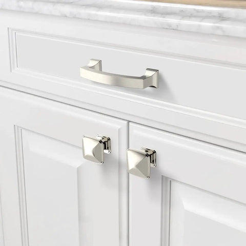 10 Pack 3 Inch Center Kitchen Cabinet Handles in Brushed Satin Nickel on white cabinets, modern pulls for drawers and vanities.