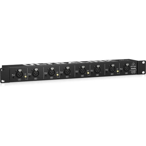 Front view of Ultra Flexible 8 Channel Microphone Splitter For Stage And Studio with 8 XLR inputs, 1U rack design.