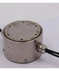 Six Axis Load Cell Torque Sensor For Multi Axis Force Measurement, round alloy steel design with shielded cables, side view.