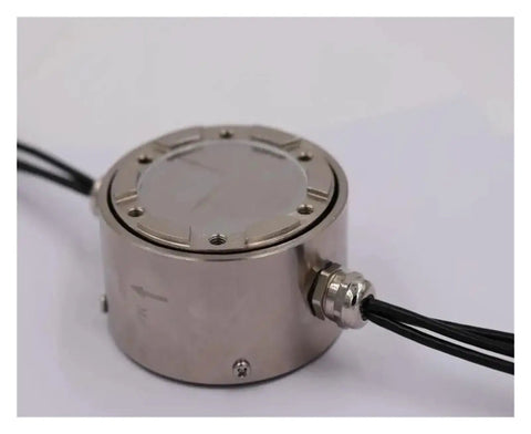 Six Axis Load Cell Torque Sensor For Multi Axis Force Measurement, round alloy steel design with shielded cables, side view.