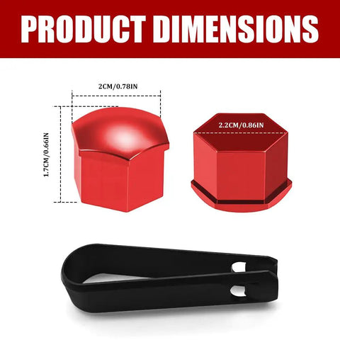 Red 17mm Lug Nut Covers 20 Piece Set With Removal Tool Anti Rust Hex Nut Caps For Most Vehicles Exterior Car Hub Bolts Protection And Scratch Coverage Rugged Look dimensions and removal tool.