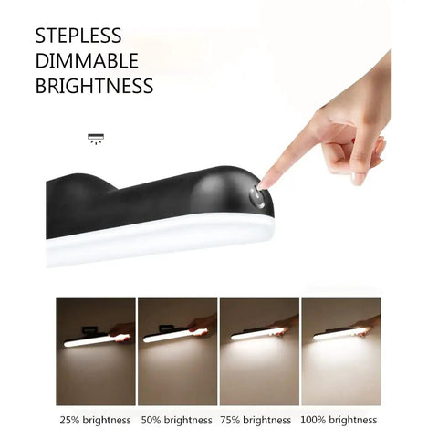 Stick On Wall Lights Set Of 2 LED Dimmable Under Cabinet And Shelf Light Bar With Touch Dimmer brightness settings shown.