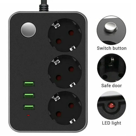 Heavy Duty 3 Outlet Extension Cord Surge Protector With 3 Fast Charge Ports Built Tough Flame Resistant Housing showing 3 AC sockets and USB ports.