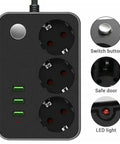 Heavy Hitter Surge Protector Power Strip With Three Wall Outlets And Usb Charging Ports For Phones And Tablets showing outlets, USB ports, switch, and LED light.