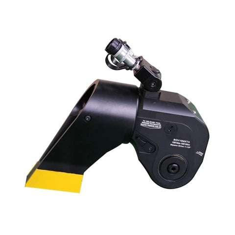 Heavy Duty Hydraulic Torque Wrench Square Drive Bolt Tightening Tool with swivel hose and reaction arm for industrial use.