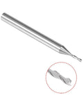 Carbide end mill CNC router bit, 1/8 in shank, 1.0 mm x 6 mm, 2-flute; side view with cutting-edge close-up