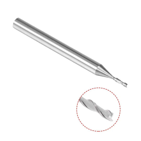 Carbide end mill CNC router bit, 1/8 in shank, 1.0 mm x 6 mm, 2-flute; side view with cutting-edge close-up