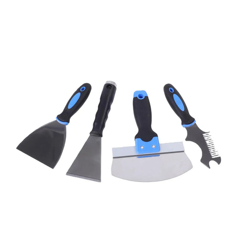 Kickass Drywall Finishing Kit With No Sweat Paint Roller, Stainless Steel Scraper And J Trowel with flexible putty tools.