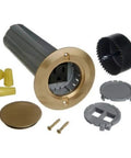 One-Gang Drop-In Floor Box Kit With Hole Saw Non-Metallic Box 11.8 Cu In Brass Cover Pre-Wired Single Receptacle Low And High Voltage Inserts Blank Insert Mounting Screws Wire Nuts Optional Hole Saw No More Floor Cord Mess components displayed