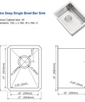Diagram of 12 Inch Bar Sink Undermount For Small Kitchens And RVs 16 Gauge Stainless Steel Single Bowl Wet Bar Sink dimensions