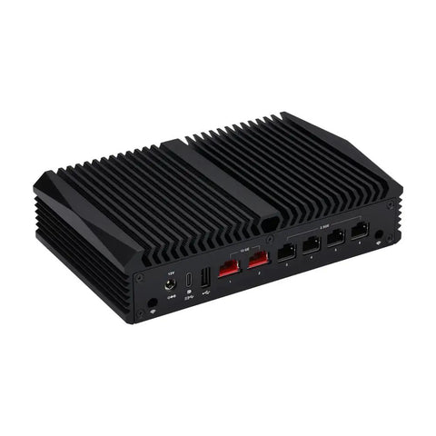 Intel X7425E Micro Server Gear Loaded With 8GB DDR4 RAM And 128GB M2 SSD showing rear ports and cooling fins.