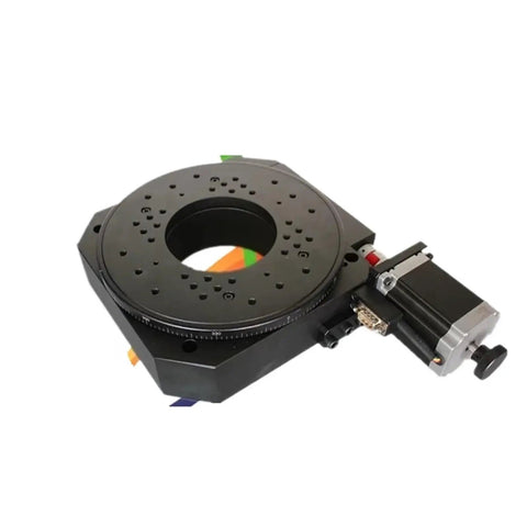 Precision Powerhouse Motorized Rotary Positioning Stage Featuring Knockout Accuracy Electric Rotary Table for lab use, showing gear assembly and central bore.