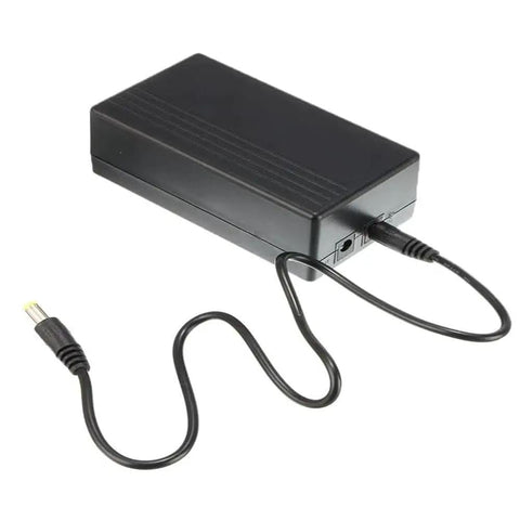 Mini UPS Battery Backup 4000mAh With 5V 2A Output For WiFi Routers CCTV Cameras And LED Strips Rechargeable Power Bank With DC Jack Ports CE FCC ROHS Certified No AC Adapter Included, shown with attached DC cable.