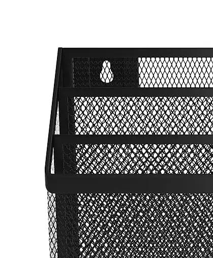Wire Mesh File Organizer Three Compartment Matte Black Vertical Desk Sorter showing top corner view for office use