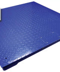 Heavy Duty Platform Scale With 10000 Pound Capacity And Diamond Plate Top, blue steel platform with digital display for warehouse use.