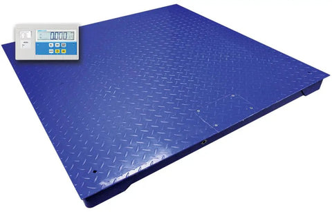 Heavy Duty Platform Scale With 10000 Pound Capacity And Diamond Plate Top, blue steel platform with digital display for warehouse use.