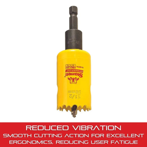 Heavy Duty Bi Metal Deep Cut Hole Saw With Arbor For Fast Metal And Wood Cutting Abrasion Resistant HSS Teeth One And A Half Inch Diameter Two Inch Depth Pro Grade Cutter Built To Slice Through Metal Like Butter ADCH0112, yellow view