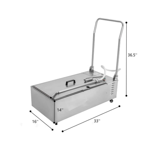 Pro Level Heavy Duty Mobile Fryer Oil Filter Cart For Bustling Commercial Kitchens With 14 5 Gallon Stainless Steel Tank, shown at 36.5 inches height.