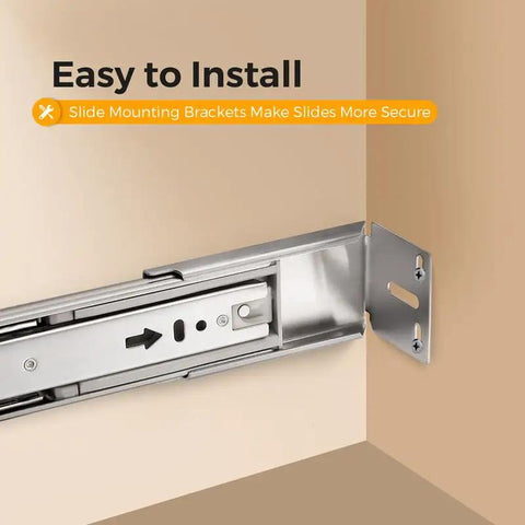 22 Inch Heavy Duty Soft Close Drawer Slides Set with 10 Pairs Side Mount Ball Bearing Rails Brushed Nickel Finish installed with bracket