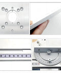 Precision Aluminum Router Table Insert Plate With Miter Gauge Guide Fence Sliding Brackets showing detailed top and side views.
