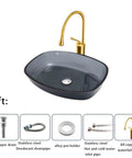 USZWBY Bathroom Vessel Sink,16 Inch Tempered Glass Gray Wash Basin Bowl,Artistic Vanity Sink with Brass Water Drop Faucet and Pop Up Drain,Counter Top Installation with gold faucet.