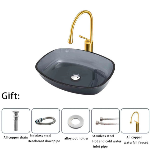 USZWBY Bathroom Vessel Sink,16 Inch Tempered Glass Gray Wash Basin Bowl,Artistic Vanity Sink with Brass Water Drop Faucet and Pop Up Drain,Counter Top Installation with gold faucet.