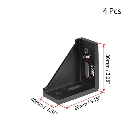 Inside Corner Bracket Gusset For 4040 Aluminum Extrusion, 80mm X 80mm, Pack Of 4, Black, Heavy Duty Corner Support displayed with dimensions