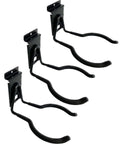 Three black hooks from the Beefy Power Tool Slatwall Organizer Kit With Anti Slip Weedeater Rack Trimmer Holder Drill Holder And 620 Series Slatwall Hooks