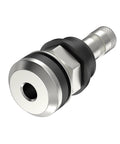 Front view of SunSoul TR416 metal tire valve stem, outer-mount clamp-in, silver with black gasket.