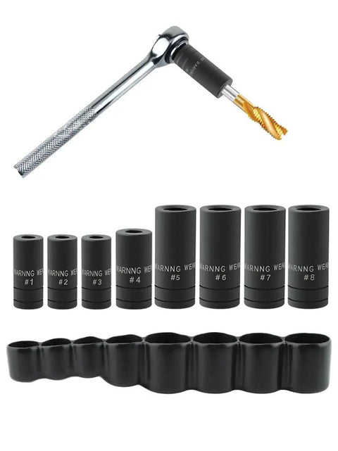8-piece 70500 Tap Socket Set with wrench, black sleeves for up to 1/2 inch taps, fractional and metric, for automotive and home projects.