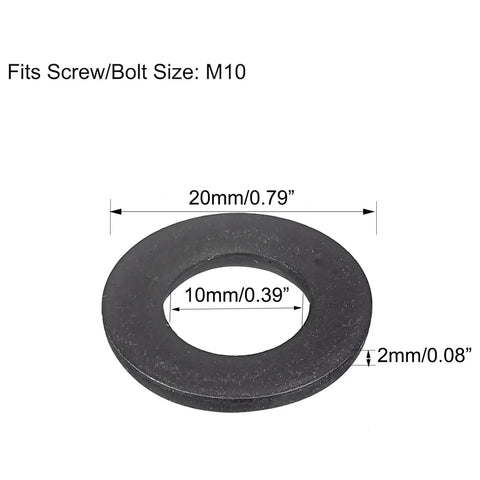 Heavy Duty Carbon Steel Flat Washer Black Oxide 8.8 Grade with 10mm ID, 20mm OD, 2mm Thick for M10 Fasteners, diagram