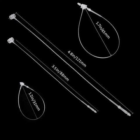2000 Piece Bulk Clear Plastic Hang Tag Fasteners With Quick Snap Security Loops For Retail Stores No Sweat Setup Durable Polypropylene Price Pins 3 Inch 5 Inch Straight Up Apparel Hanging Kit showing sizes 1.2in, 3.5in, 4.8in clear tags.
