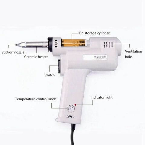 Diagram of powerful 110V desoldering solder sucker gun with 100W heating, fast warm-up, super strong suction, compact for DIY electronics.