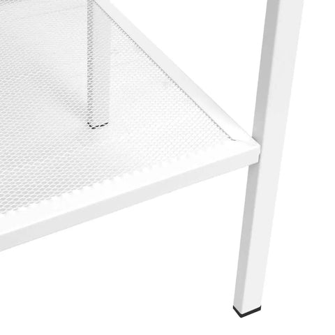 Close-up of white mesh shelf on Four-Tier Metal Ladder Bookcase With Open Shelves, Space-Saving Industrial Display Unit for Bathroom, Living Room, and Office.