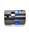 Built Tough L Shaped Plum Servo Motor Coupling Featuring Star Flex Design High Torque Transfer Knockout Precision For Rock Solid Industrial Equipment Setup, close-up view showing black body and blue connectors.
