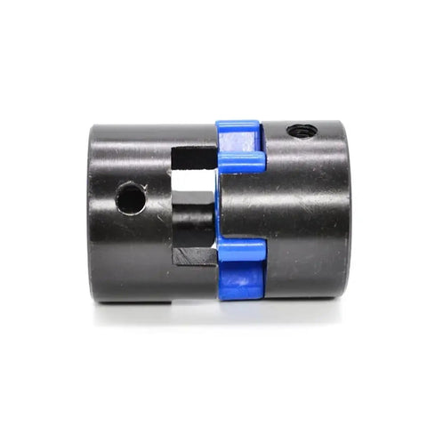 Built Tough L Shaped Plum Servo Motor Coupling Featuring Star Flex Design High Torque Transfer Knockout Precision For Rock Solid Industrial Equipment Setup, close-up view showing black body and blue connectors.