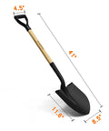 41 Inch Round Point Shovel For Digging And Heavy Duty Garden Work With D Handle And Wooden Grip, dimensions shown