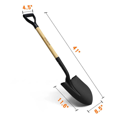 41 Inch Round Point Shovel For Digging And Heavy Duty Garden Work With D Handle And Wooden Grip, dimensions shown