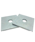 Get Your Hands On This Sweet 7/8x3x.250 Inch Square Bearing Plate Washer Set With Heavy Duty Galvanized Finish showing two galvanized square washers.