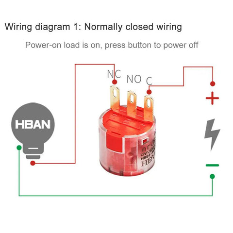 Wiring diagram for Metal Emergency Stop Push Switch With Self Locking Rotary Mushroom Cap showing normally closed contacts.