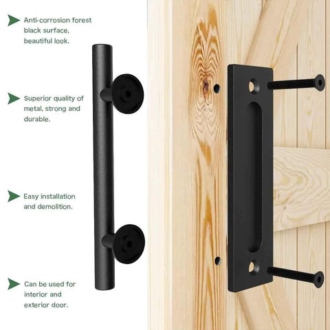 10 Inch Sliding Barn Door Handles And Pulls, Double Sided Hardware Set with Flat Bottom Plate Design in Rustic Black, Aluminum Construction