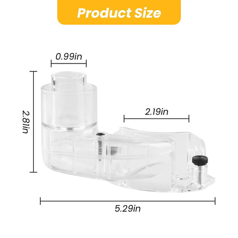 DNP615 Clear Router Dust Collection Adapter with dimensions, for DWP611 and DWP611PK fixed-base routers, see-through design.