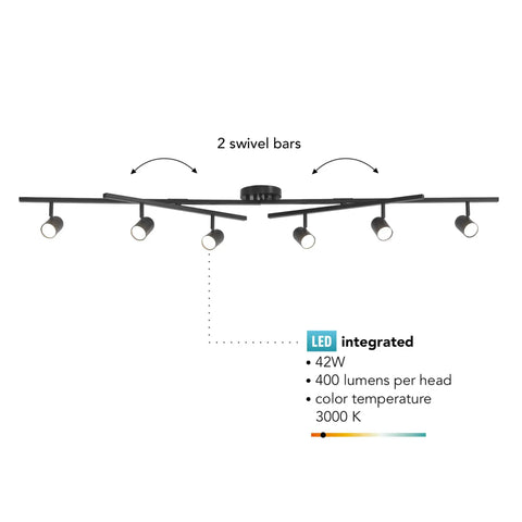 6 Light Foldable LED Integrated Track Lighting Slick Matte Black With Center Swivel Heads 2400 Lumen Adjustable Pivot Arms