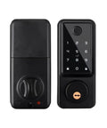 Solid As A Rock Waterproof Smart Deadbolt Lock For Home Featuring Biometric Fingerprint Scan And Digital Keypad Plus Straight Up Easy App History For Stress Free Front Door Access, front view showing keypad and fingerprint scanner.