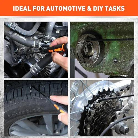 HORUSDY 8-piece automotive hook and pick set with orange handles; collage shows hose work, oil seals, tire area, and sprocket.