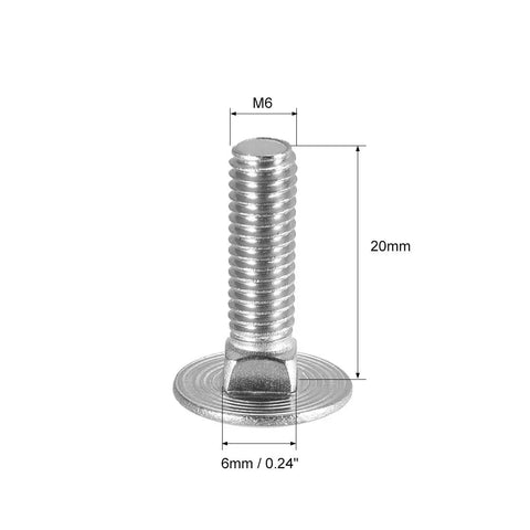 Heavy Duty 304 Stainless Steel Carriage Bolts M6x20mm 20 Pack solid round head with square neck for woodworking projects.