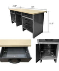 Ultimate Garage Storage System With Wall Cabinets, Steel Pegboard And Wood Workbench, Tools Organizer, showing workbench dimensions
